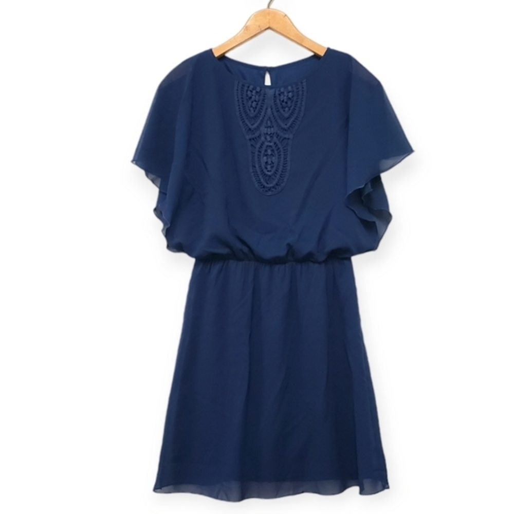 VINTAGE Blue Chiffon Midi Dress Flutter Sleeves Size S